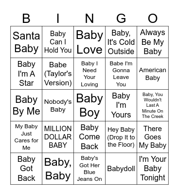 "Baby" Songs Bingo Card