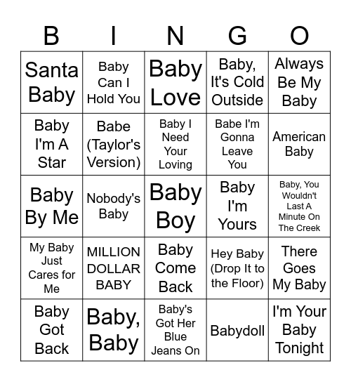 "Baby" Songs Bingo Card