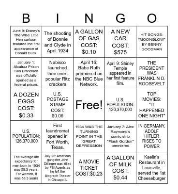 BACK IN THE YEAR OF 1934 Bingo Card