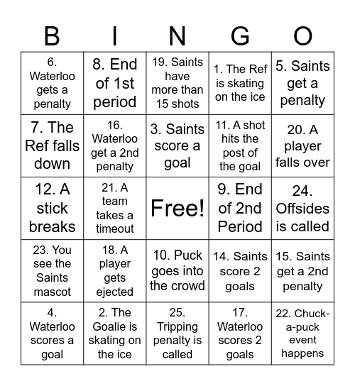 RFA Hockey Bingo Card