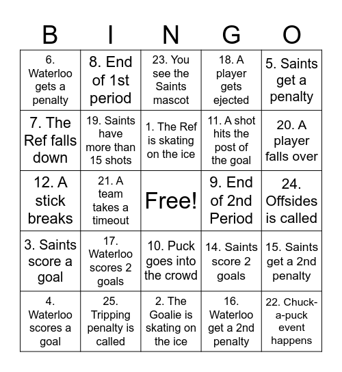 RFA Hockey Bingo Card