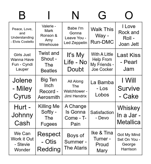 Cover Songs Bingo Card