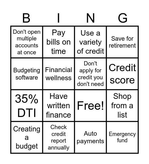 BALANCED BUDGET BINGO Card