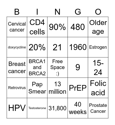 Reproductive Health Bingo Card