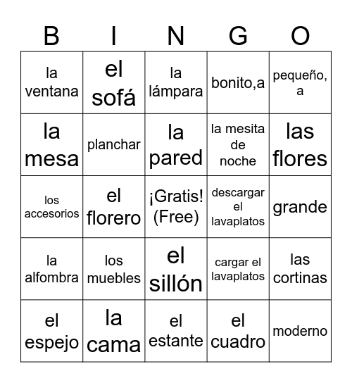 Unidad 2, Desafío 2 - Muebles y accesorios Bingo Card