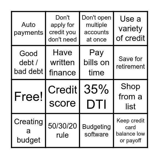 BALANCED BUDGET BINGO Card