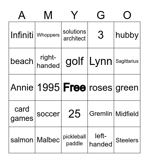 Happy Birthday Amy Bingo Card