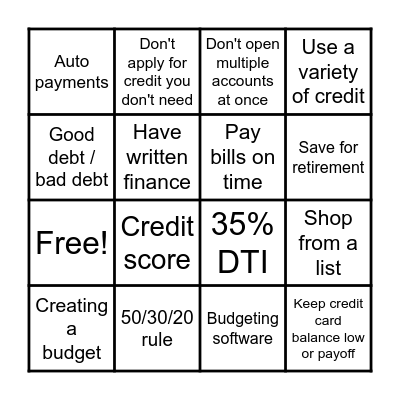 BALANCED BUDGET BINGO Card