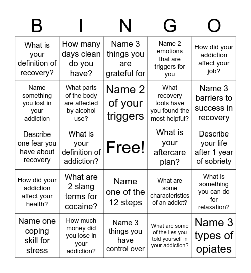 Recovery Bingo! Bingo Card