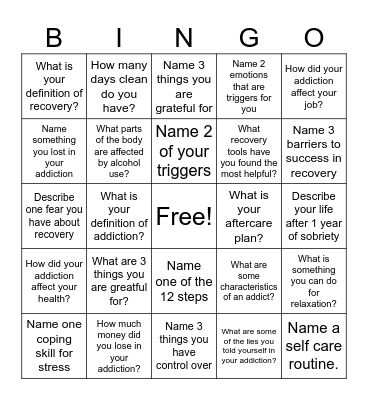 Recovery Bingo! Bingo Card