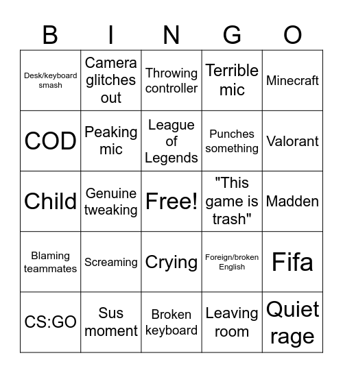 Gamer rage bingo Card