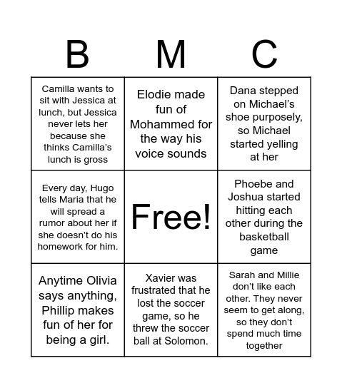 Bullying vs Mean Moment vs Conflict Bingo Card