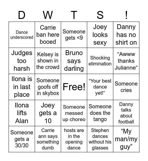 DWTS Semi Finals Bingo Card