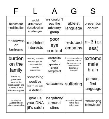 Autism Research Conference Red Flags Bingo Card