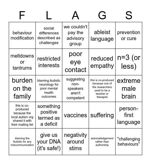 Autism Research Conference Red Flags Bingo Card