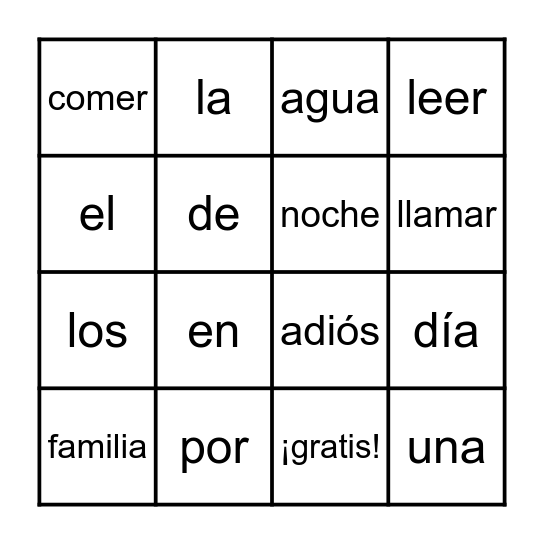 Palabras de Uso Frequente -lotería Bingo Card