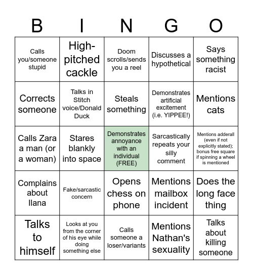 Jonah Bingo Card