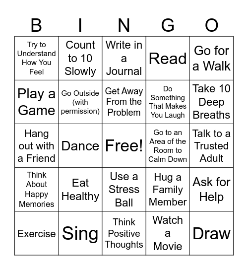 Coping Skills Bingo Card