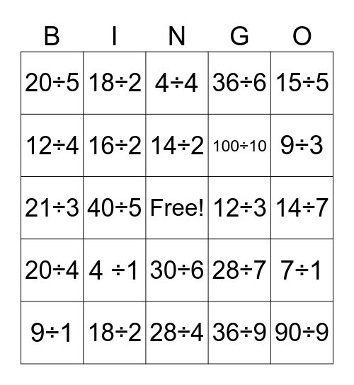 Let's Divide Bingo Card