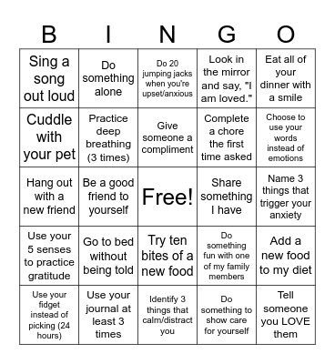 Abby's Goals Bingo Card
