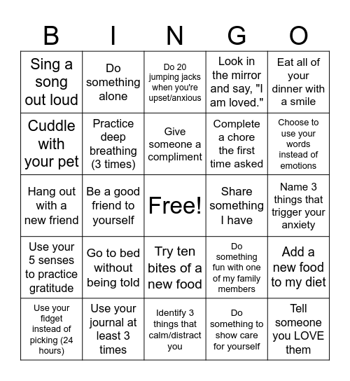 Abby's Goals Bingo Card