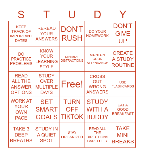 Study/Test-Taking Skills BINGO! Bingo Card