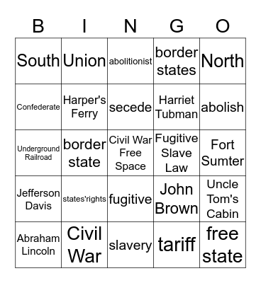 Civil War Vocabulary Bingo Card