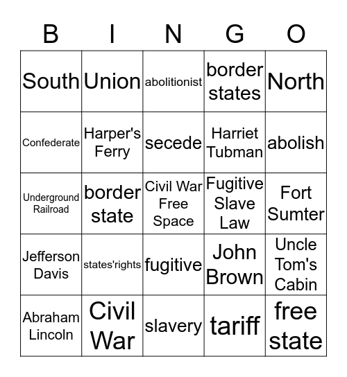 Civil War Vocabulary Bingo Card