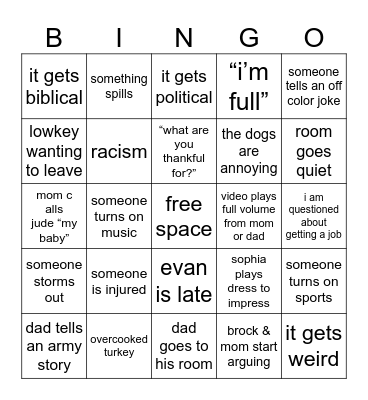 tuesday thanksgiving bingo Card