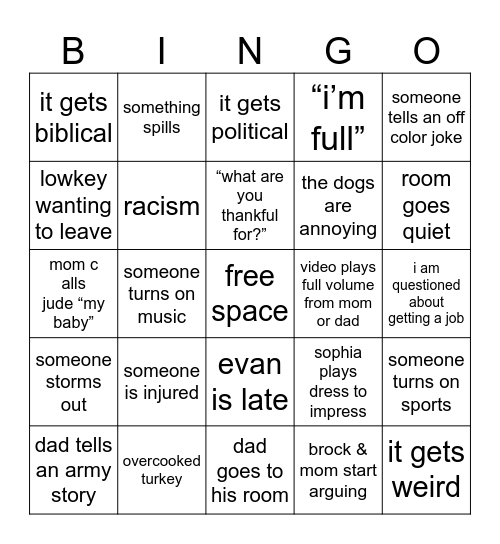 tuesday thanksgiving bingo Card