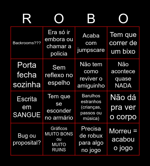 Jogo de terror; Roblox Bingo Card