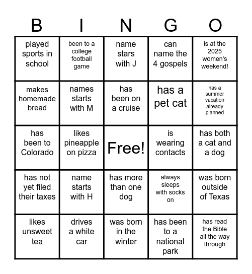 Find a woman who/whose... Bingo Card