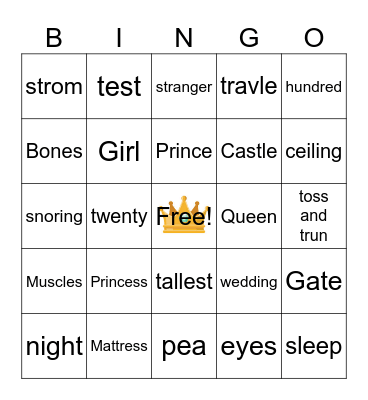 Princess and the Pea Bingo Card