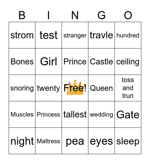 Princess and the Pea Bingo Card