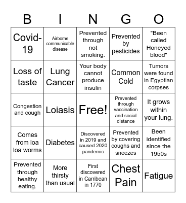 Diseases Bingo Card