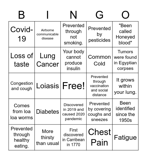 Diseases Bingo Card