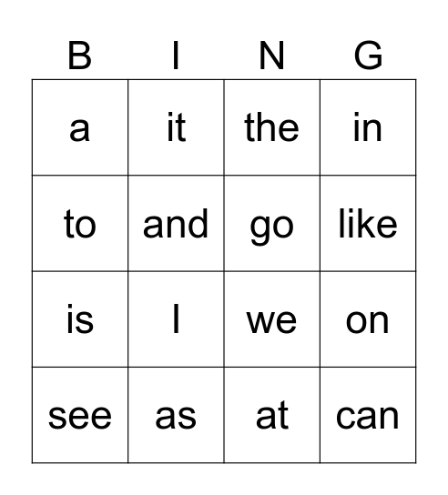 Sight Word Bingo Card