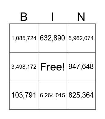 Place Value Bingo Card