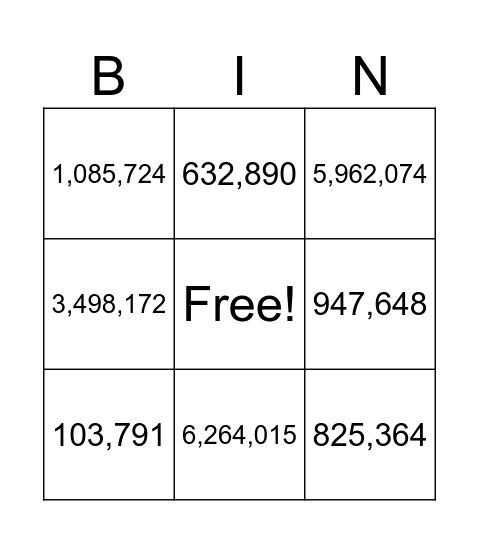 Place Value Bingo Card