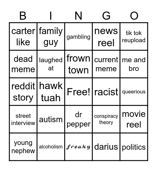 Instagram reel bingo Card