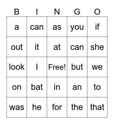 Sight Words Bingo Card