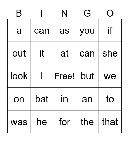 Sight Words Bingo Card