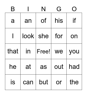 Sight words bingo Card