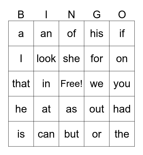 Sight words bingo Card