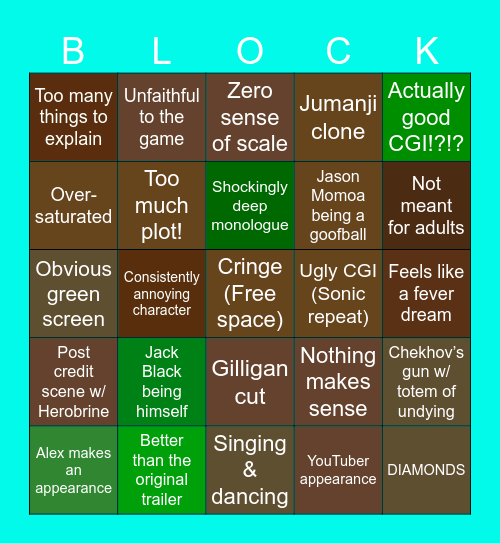 Minecraft Movie Bingo Card