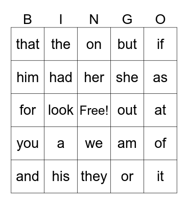 sight words bingo Card