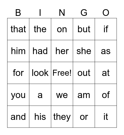 sight words bingo Card