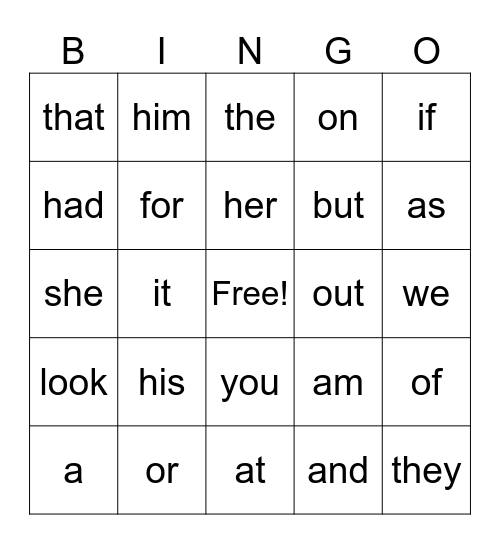 sight words bingo Card