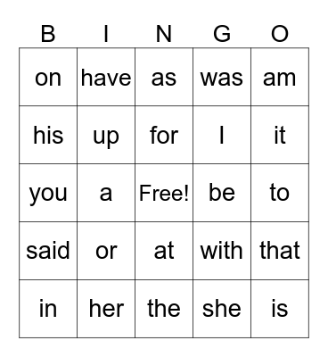 Sight Words Bingo Card