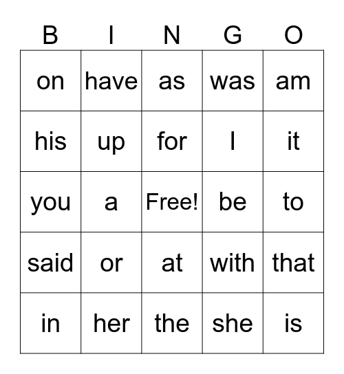 Sight Words Bingo Card